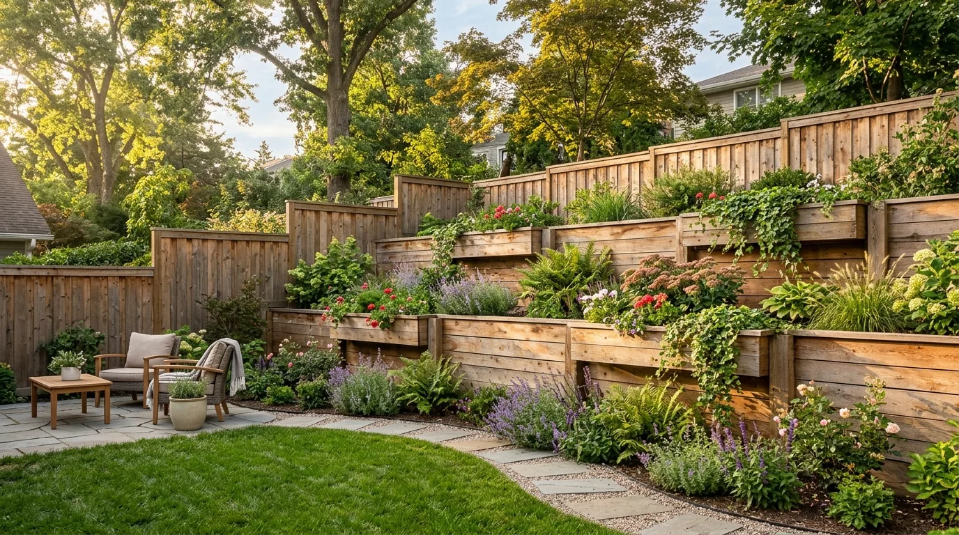 Tiered Wooden Fence With Planter Boxes